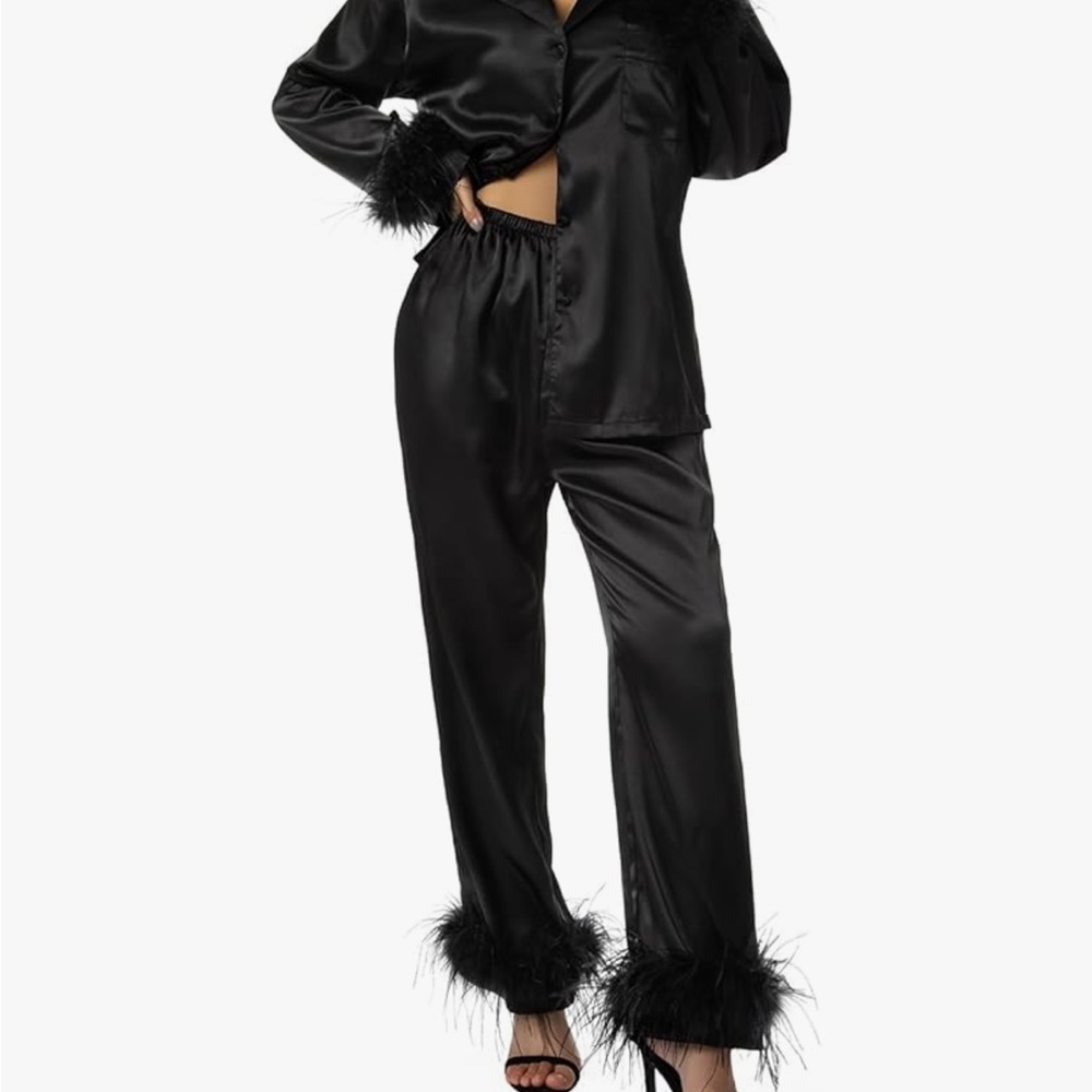 Black Satin Pajama Set with Feather Trim